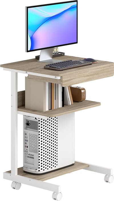 Verrijdbaar Bureau met Lade - Compacte Computertafel op Wielen - Opbergruimte en Planken - 56x51x79 cm - Houtkleur