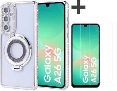 Hoesje met Ringhouder Geschikt voor Samsung Galaxy A26 met Diamant Glitters en 3 Stuks Gehard Glas Screenprotector – Arara Backcover - Zilver
