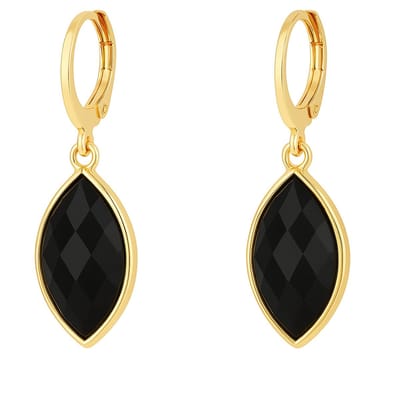 Gold plated stalen oorbellen - goudkleurig - oorrringetjes - zwarte agaat - natuursteen hanger - marquise - lengte 35 mm