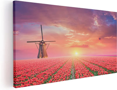 Artaza Canvas Schilderij Tulpenveld - 40x20 cm - Klein - Wanddecoratie Molen - Muurdecoratie Zonsondergang - Schilderijen Op Canvas Holland