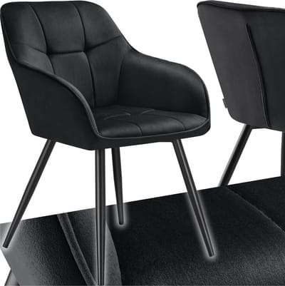 tectake® Eetkamerstoel Marilyn - Gestoffeerde Stoel in Fluweellook - Stikpatroon - Zwarte Stoelpoten - Ergonomische Keukenstoel - Met Doorlopende Rugleuning en Armleuningen - Stoel voor Woonkamer, Eetkamer, Slaapkamer - Zwart