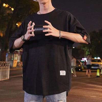 T-shirt d'été simple à manches courtes pour homme, style japonais rétro, couleur unie, manches mi-longues, tendance, col rond, t-shirt de base 2XL noir