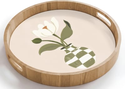 Dienblad rond 40x40 cm - Schootdienblad hout - Vaas - Geruit - Bloem - Groen - Borrelplank rechthoek - Plateau houten dienbladen
