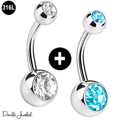 Navelpiercing Set 2 Stuks – Navel Piercing 316L Chirurgisch Staal – Belly Button Piercing – Banana Barbell 1.6mm – Double Jeweled – Helder & Aqua Blauw – Buikpiercing Dames