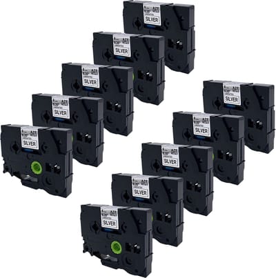 DULA Brother Compatible label tape- Tze-921 - 10 cassettes - Brother P-Touch - Zwart op zilver - 9mm x 8m