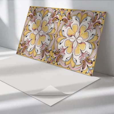 Wallfluent Vinyl Tegels - Bloemenpatroon met Ornamenten Vinyl Wandtegels - 40 cm x 20 cm - Geel PVC Tegels - 10 stuks - Rechthoek PVC Tegels - Texturen Plaktegels - Wand PVC Tegels - Plaktegels Keuken en Badkamer