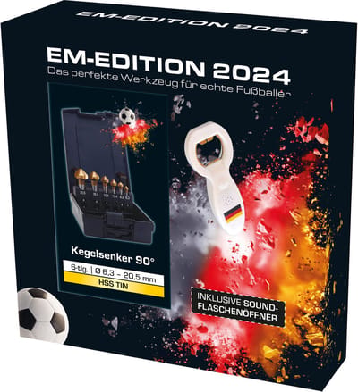 EXACT Kegelverzinkerset "EURO2024" Ø6,3-20,5mm, HSS-TIN, 90°, 6-delig, DIN335, incl. geluidsflesopener