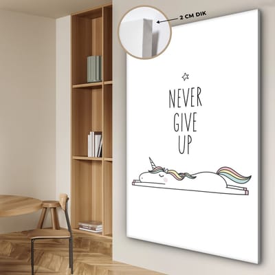 Kinderkamer decoratie - Eenhoorn - Quotes - Never give up - Quotes - Wanddecoratie meisjes - Canvas schilderij kinderen - Canvas doek kids - 120x180 cm