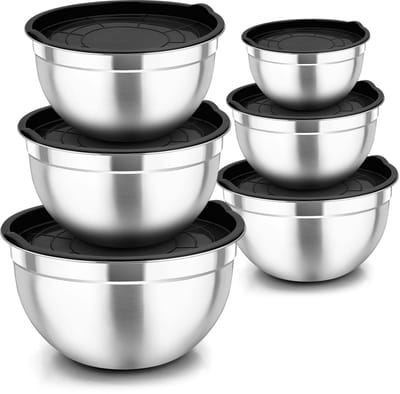 Unyqoos® Complete set van 6 roestvrijstalen mengkommen met luchtdichte deksels