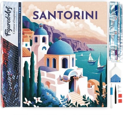 Figured'Art Diamond Painting set Volwassenen 40x50 cm Reisposter Santorini - 5D DIY Art full drill vierkante diamant - Opgerold canvas