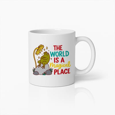 The World Is a Magical Place Mok 330ml – Schattige Kikker en Bloem Koffiebeker, Positieve Vibes Cadeau voor Natuur- en Dierenliefhebbers