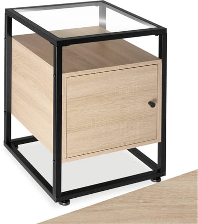 tectake® Bijzettafel met kast en 2 niveaus - Met glazen blad - Nachtkastje met magnetische deuren en plank - Industrieel design - Voor woonkamer, slaapkamer, kantoor, hal - Zwart metalen frame - Afmeting (LxBxH) 40 x 43 x 60,5 cm - Lichtbruin