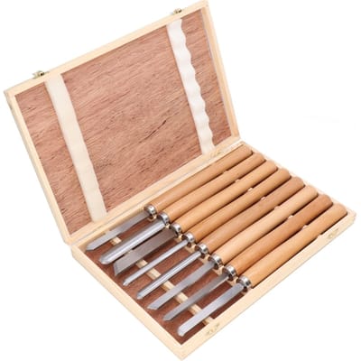 8-delige Draaibank Draaigereedschap Set 65 Mangaanstaal Kop Beukenhout Handvat Houtbewerking Beitel Kit met Opbergdoos beige