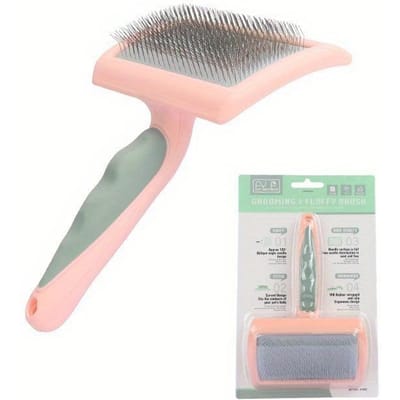 Brosse pour chien Acier inoxydable Peignes pour chiens Massage Brosse de toilettage pour chien Outil de nettoyage pour enlever les poils d'animaux Poignée souple Brosse peigne pour chat Chat rose