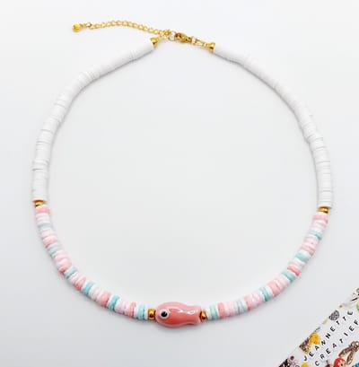 Jeannette-Creatief® - Beach - Schelpenketting Heishi Pink Turquoise White & Pink Little Fish & White Katsuki RVS Gold - Korte Ketting - Ketting Schelpkralen - Summertime - Schelpen - Miyuki Gold - Schelpenketting - Vis - Ketting - Mermaidcore