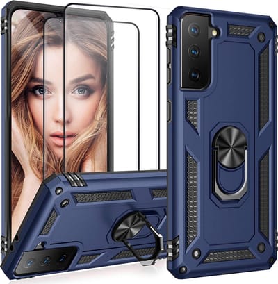 Casemania Hoesje Geschikt voor Samsung Galaxy S22 Blauw & 2X Glazen Screenprotector - Anti-Shock Hybrid Armor Back Cover - Hoes met Kickstand Ring