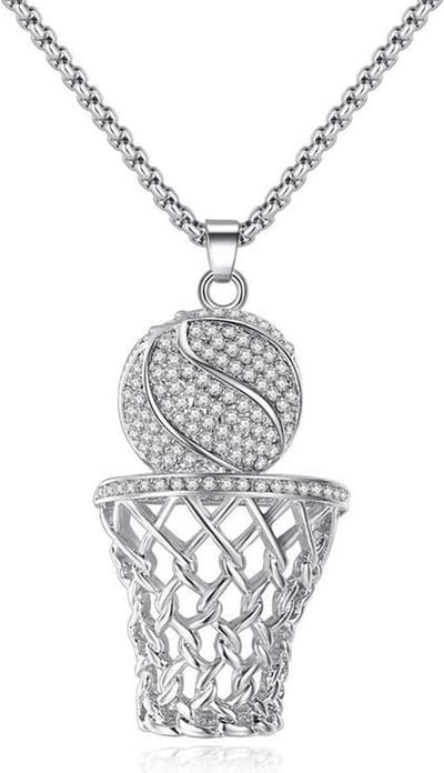 Basketbal Ketting met Hanger - Zilver Kleurig met Diamantjes (Zirkonia) - Kettingen Heren Dames - Papa Cadeau Voor Mannen - Vaderdag