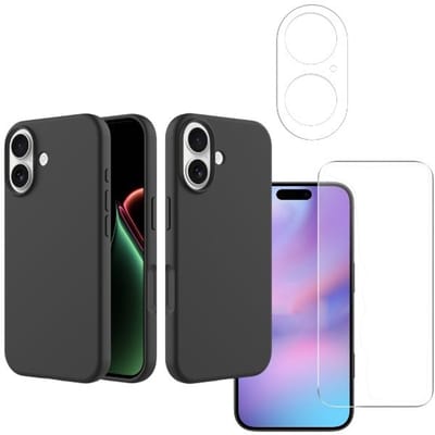 Shockproof Backcover - Liquid Silicone Soft Hoesje - Geschikt voor: iPhone 17 - Zwart + Screenprotector & Camera Lens Protector