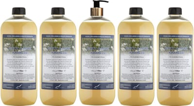 Body & Hair Kamille 1 liter met gouden pomp - set van 5 stuks - 2 in 1 voor lichaam en haar - voordeelverpakking