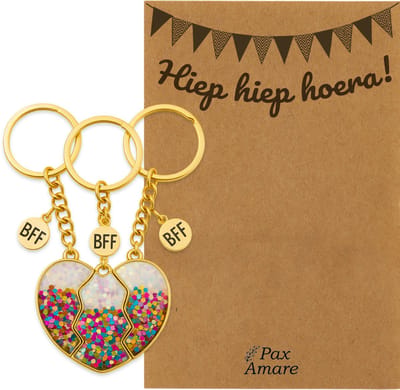 BFF Sleutelhanger voor 3 'Hiep Hiep Hoera' - Magnetisch Glitter Hartje - Sleutelhanger set op Cadeau Kaartje - Goudkleurig - Verjaardags Hanger - Pax Amare