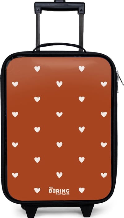 NoBoringSuitcases.com® - Kinderkoffer jongen - Kindertrolley meisje - Wit hartjespatroon op oranje bruine achtergrond - Koffer kind lichtgewicht - Reiskoffer trolley voor kinderen - Koffertje met lichtgevende wieltjes - Rolkoffer zwart