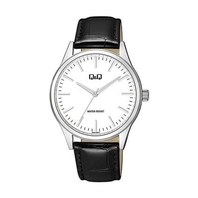 Q&Q Q59A-005PY - Horloge - Analoog - Mannen - Heren - Leren band - Rond - Metaal - Streepjes - Zwart - Zilverkleurig - Wit - 3ATM