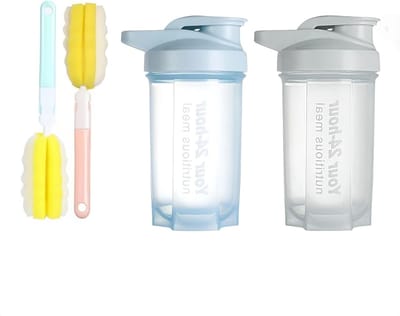 Fitness Shaker Set van 2 - Lekvrije Proteïne Shaker Fles met Mixbal en 2 Sponsborstels voor Sport en Gym, 500 ml