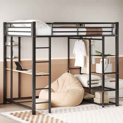 REDOM Hoogslaper – 140x200 cm – Met ladder – Bureau & opbergrekken – Kledingstang & opbergvakken – Metaal – Zwart