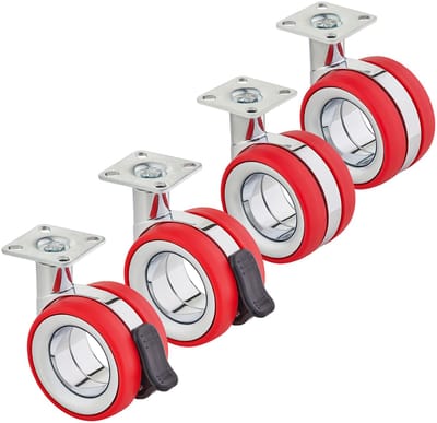 SOTECH set van 4 premium meubelwielen Düsseldorf Ø 75 mm (hoogte 98,5 mm, chroom/rood, 2x zwenkwielen, 2x zwenkwielen met rem, montageplaat 47 x 47 mm) Designwiel voor moderne meubels
