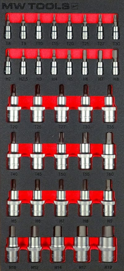 Dopbitsenset hex- Torx in foam tray 1/2- 1/4 HEX- TORX 36 delig MW Tools MWDBI141236