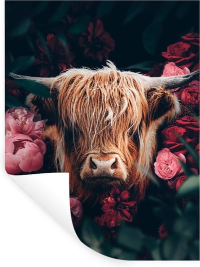 Muurstickers - Sticker Folie - Koe - Schotse hooglander - Bloemen - botanisch - 30x40 cm - Plakfolie - Muurstickers Kinderkamer - Zelfklevend Behang - Zelfklevend behangpapier - Stickerfolie