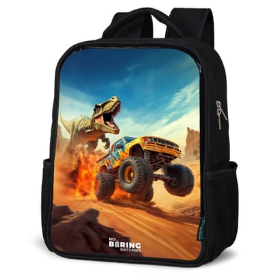 NoBoringSuitcases.com® - Rugzak zwart - Schooltas jongen & meisje - Vluchtende truck voor T-Rex in vurige woestijn - Rugtas voor school - Boekentas kind - Schoolrugzak - Kinderrugzak
