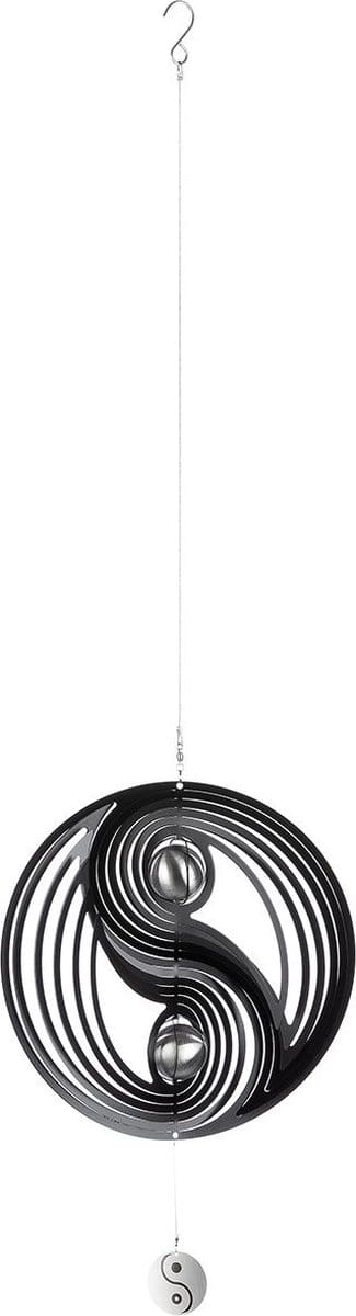 Windspinner Yin Yang RVS zwart zilver -38 cm rond hoogte met koord 108cm kogel