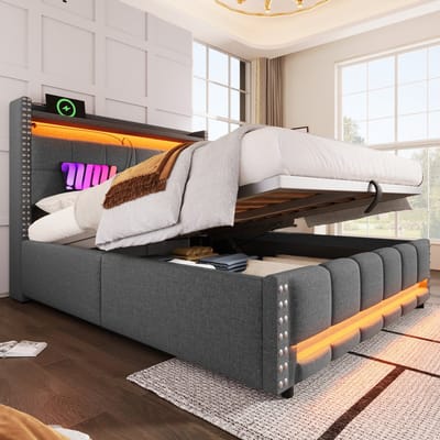 Wishdor Gestoffeerd Tweepersoonsbed 160x200 cm – Hoofdbord met Legplanken en Opbergruimte – LED en USB – Hydraulisch Opbergsysteem – Linnen – Grijs