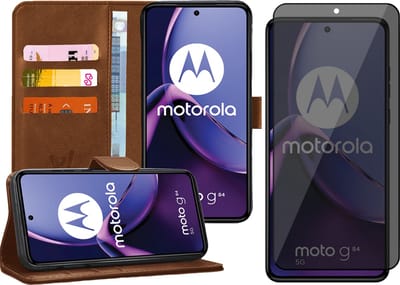 Hoesje geschikt voor Motorola Moto G84 - Privacy Screenprotector Volledig Dekkend Glas - Portemonnee Book Case Bruin