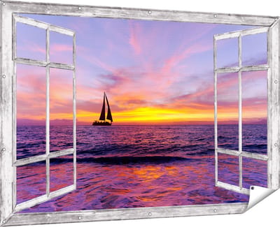 Gards Tuinposter Doorkijk Zeilboot Silhouet bij Zonsondergang - 180x120 cm - Tuindoek - Tuindecoratie - Wanddecoratie buiten - Tuinschilderij