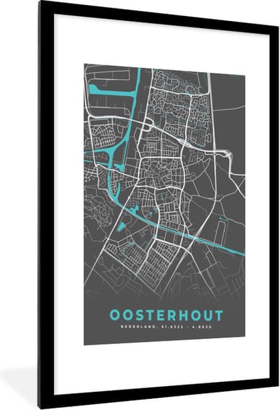 Fotolijst incl. Poster - Plattegrond - Oosterhout - Grijs - Blauw - 60x90 cm - Posterlijst - Stadskaart