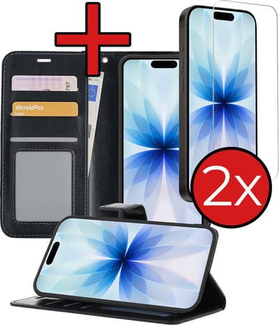 Hoesje - Met 2x Screenprotector - Geschikt voor Apple iPhone 17 - Luxe Pasjeshouder - Flip Case - Bookcase Portemonee - Kunstleer Book Case - Flipcase Hoes - Book Cover - Walletcase - Portemonneehoes - Telefoonhoes - Zwart