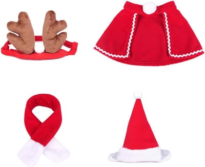 Kerstkostuum voor Katten en Kleine Honden – 4-delige Set met Rendierhoofdband, Rode Capuchon, Kerstmuts & Sjaal | Grappige Kerstkleding voor Huisdieren