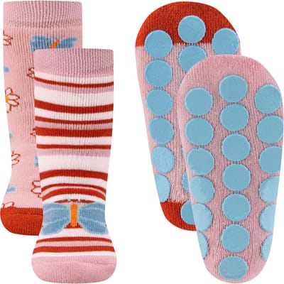 Ewers Antislipsokken - 2-Pack - Vlinder & Strepen Roze/Wit/Oranjebruin - Roze & Bloemen/Vlinders - Antislipnoppen-18/19