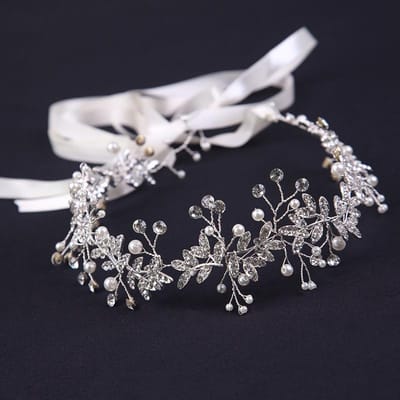 Bandeau à fleurs avec nœud en ruban pour mariée, accessoires pour cheveux de mariage, bandeaux à fleurs avec perles, couvre-chef pour femmes argenté