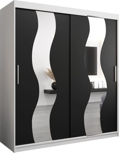 InspireMe - Kledingkast met 2 schuifdeuren, Modern-stijl, Een kledingkast met planken en een spiegel (BxHxD): 180x200x62 - REESE 180 Wit Mat + Zwart met 4 lades