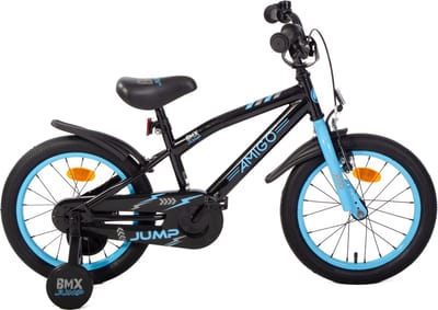 AMIGO BMX Jump Jongensfiets 16 Inch - Kinderfiets voor 4 tot 6 Jaar - 100-115 cm - Met Zijwieltjes - Zwart/Blauw