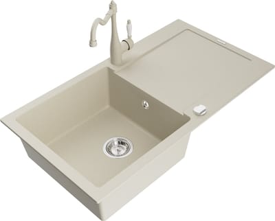 Mexen Leo granieten spoelbak met 1 bak, afdruiprek en keukenkraan Carla, beige - 6501-69-670700-69