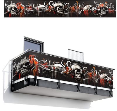 Balkonscherm 500x75 cm - Balkonposter Schedels - Kunst - Donker - Rood - Balkon scherm decoratie - Balkonschermen - Balkondoek zonnescherm