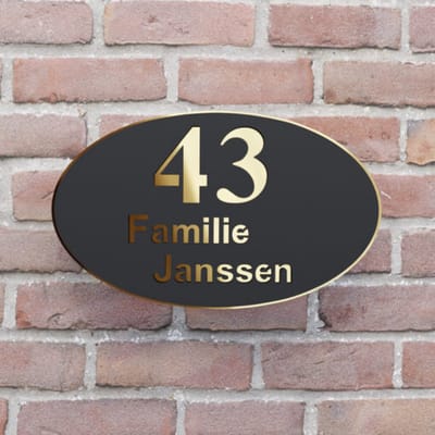 Naambordje voordeur - Huisnummerbord - Ovaal - 25x15 - zwart/goud - blinde bevestiging