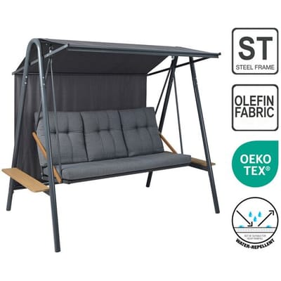 terrabeta tuinmeubel 3-zits schommelbank met luifel en kussens, inclusief twee bijzettafels. Perfect voor uw tuin of terras.
