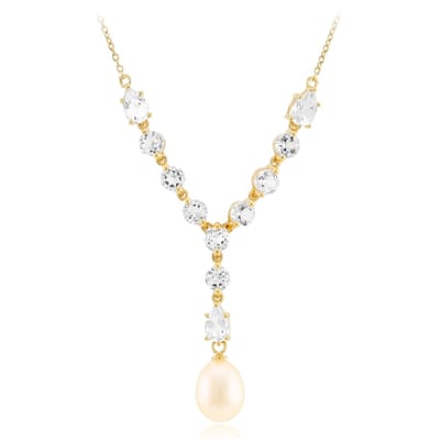 Cavill - Zilveren Halsketting - 925 Sterling Zilver Verguld - Witte Zoetwater Parel 10x8 mm - Witte Topaas 3,456 ct - Elegante Ketting 45,7 cm