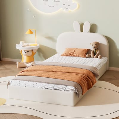 Sweiko Kinderbed, 90x200cm, Konijnenhoofd Kussen bed, Houten wieg, Eenpersoonsbed, Fluweel, Beige (Zonder matras)