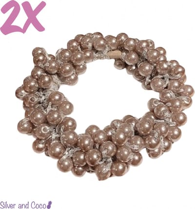 SilverAndCoco® - 2 Parel Elastieken Glitter Haar strik / Dik Elastiek met Glitters Steentjes Parels Scrunchie / Glamour Diadeem Haarelastieken Diamantjes Dames / Pearl Kerst Feest Oud en Nieuw Haarbanden Diamand Breed - 2 Stuks Champagne